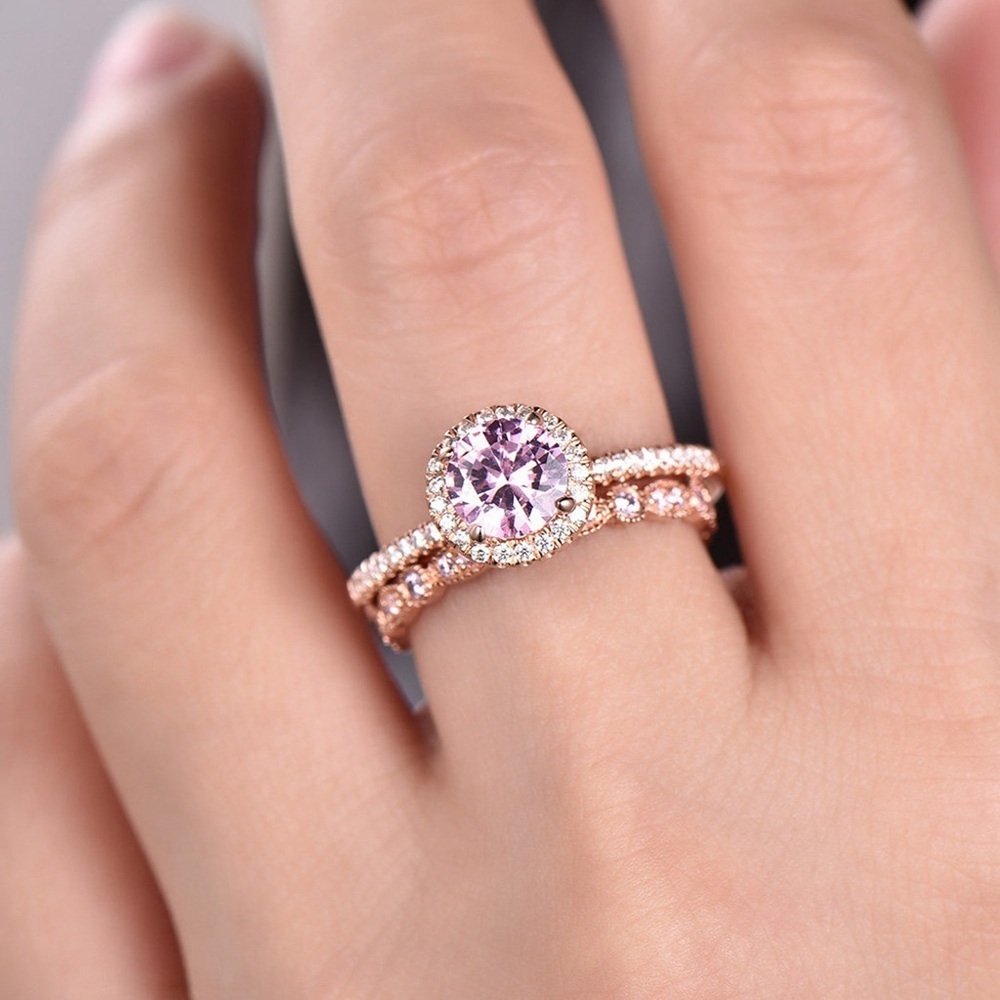 Princess Pink Rose Gold Cz Stone Women's Ring Set Gift New size 10